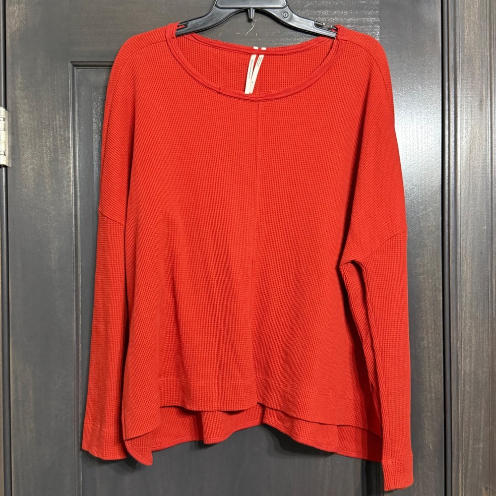 Anthropologie Red Waffle Knit Thermal Top Oversized Long Sleeve Scoop Neck S